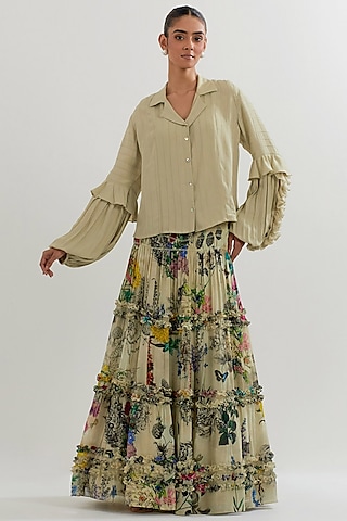 Multi-Colored Georgette Printed Tiered Skirt Set by Kavita Bhartia