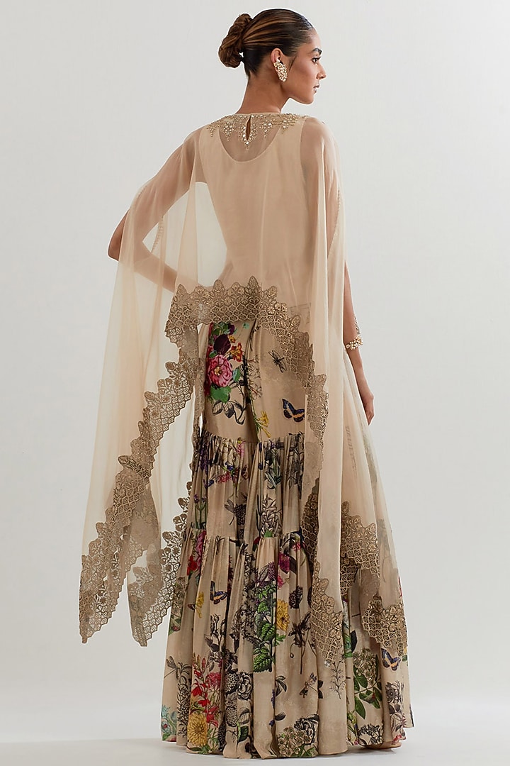 Multi-Colored Chanderi Printed Pleated Wedding Sharara Set by Kavita Bhartia at Pernia's Pop Up Shop