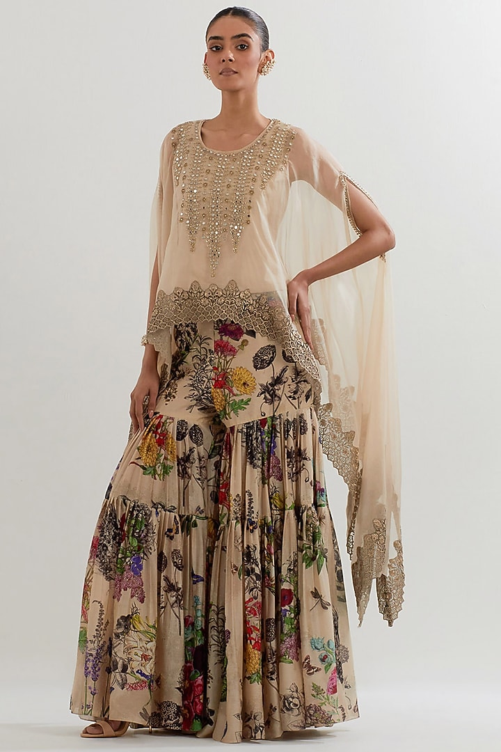 Multi-Colored Chanderi Printed Pleated Wedding Sharara Set by Kavita Bhartia at Pernia's Pop Up Shop