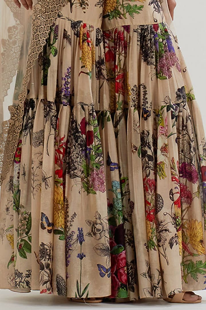 Multi-Colored Chanderi Printed Pleated Wedding Sharara Set by Kavita Bhartia at Pernia's Pop Up Shop