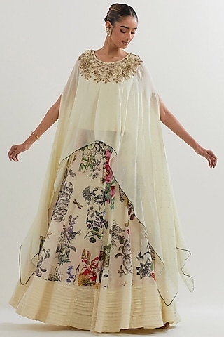 Multi-Colored Mesh & Crepe Printed Skirt Set by Kavita Bhartia