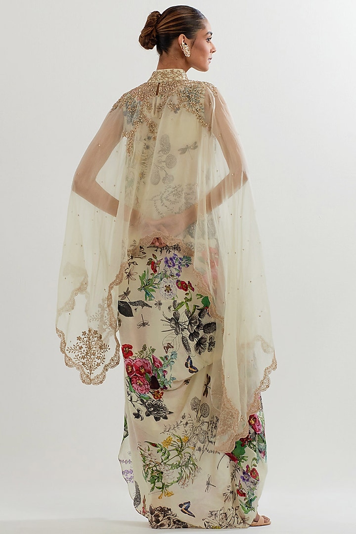 Multi-Colored Crepe Printed Cowl Cocktail Dress With Cape by Kavita Bhartia at Pernia's Pop Up Shop