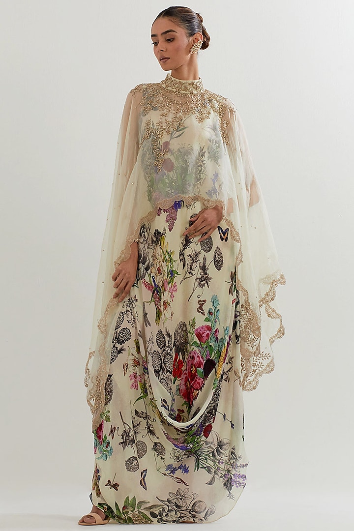 Multi-Colored Crepe Printed Cowl Cocktail Dress With Cape by Kavita Bhartia at Pernia's Pop Up Shop