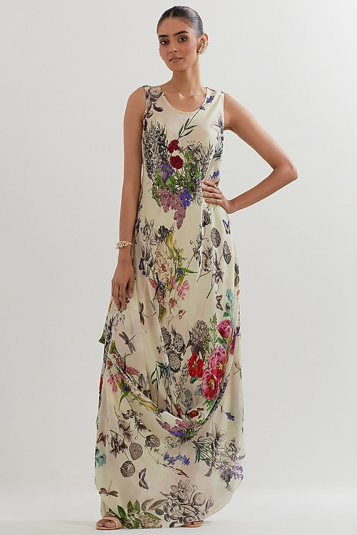 Multi-Colored Crepe Printed Cowl Cocktail Dress With Cape by Kavita Bhartia at Pernia's Pop Up Shop