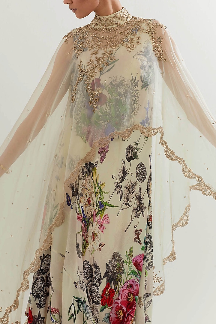 Multi-Colored Crepe Printed Cowl Cocktail Dress With Cape by Kavita Bhartia at Pernia's Pop Up Shop