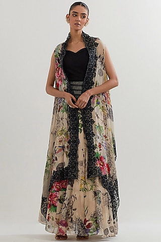 Multi-Colored Viscose Georgette Printed Skirt Set by Kavita Bhartia