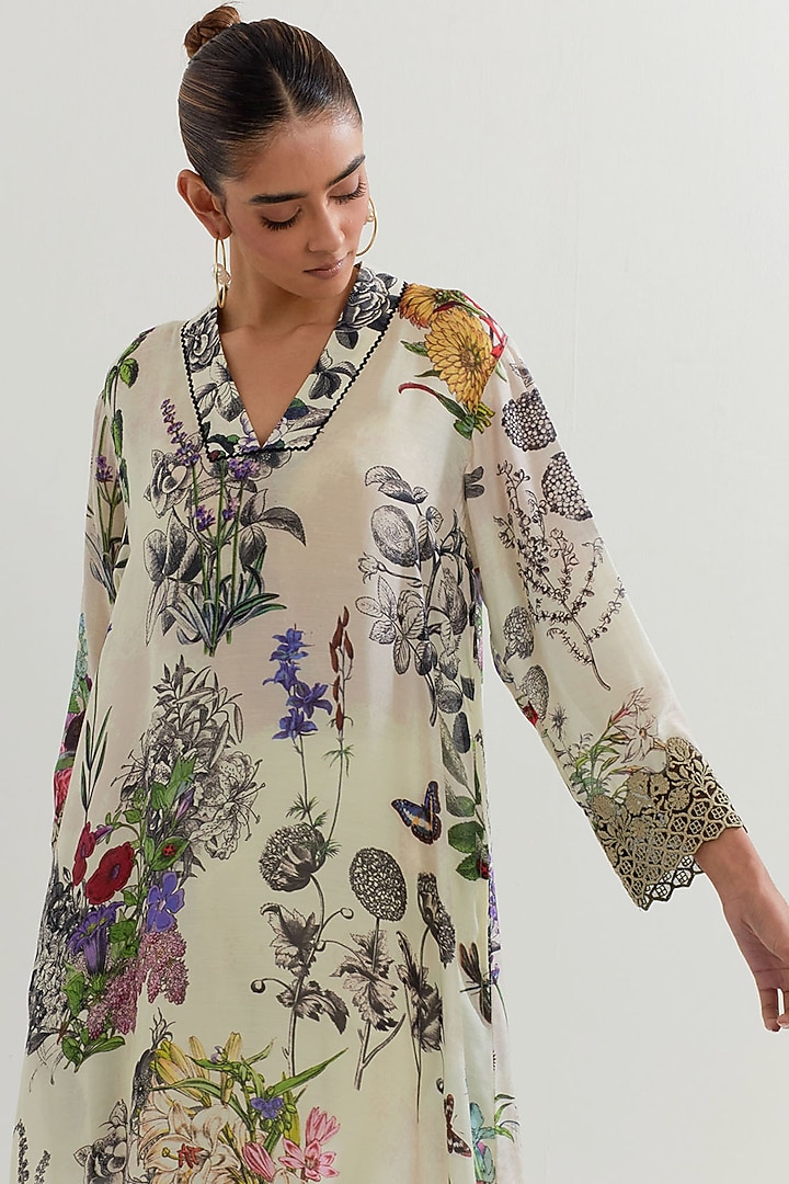 Multi-Colored Modal Silk Printed & Embroidered Tunic Set by Kavita Bhartia at Pernia's Pop Up Shop
