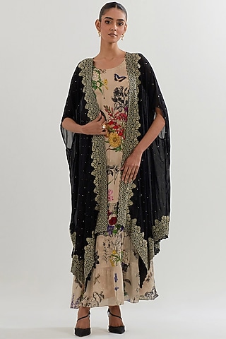 Multi-Colored Mukaish Georgette Printed Tiered Dress With Cape by Kavita Bhartia