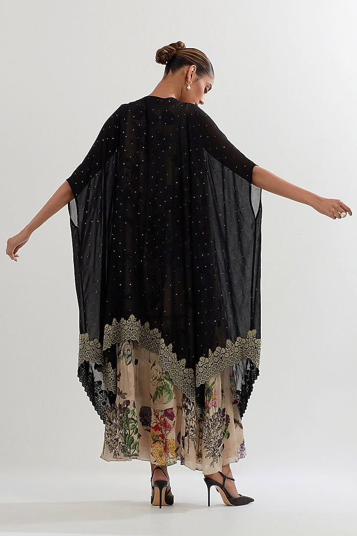 Multi-Colored Mukaish Georgette Printed Tiered Cocktail Dress With Cape by Kavita Bhartia at Pernia's Pop Up Shop