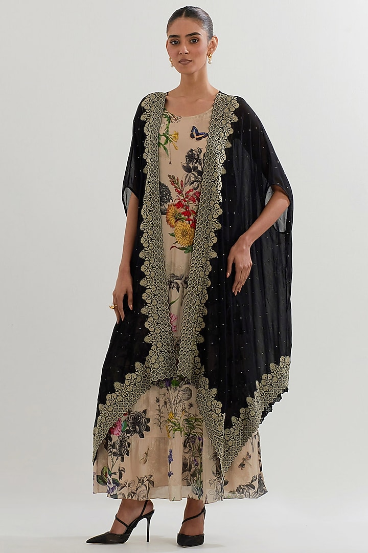 Multi-Colored Mukaish Georgette Printed Tiered Cocktail Dress With Cape by Kavita Bhartia at Pernia's Pop Up Shop