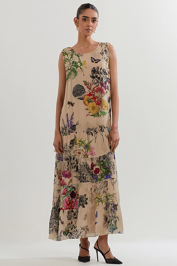 Multi-Colored Mukaish Georgette Printed Tiered Cocktail Dress With Cape by Kavita Bhartia at Pernia's Pop Up Shop