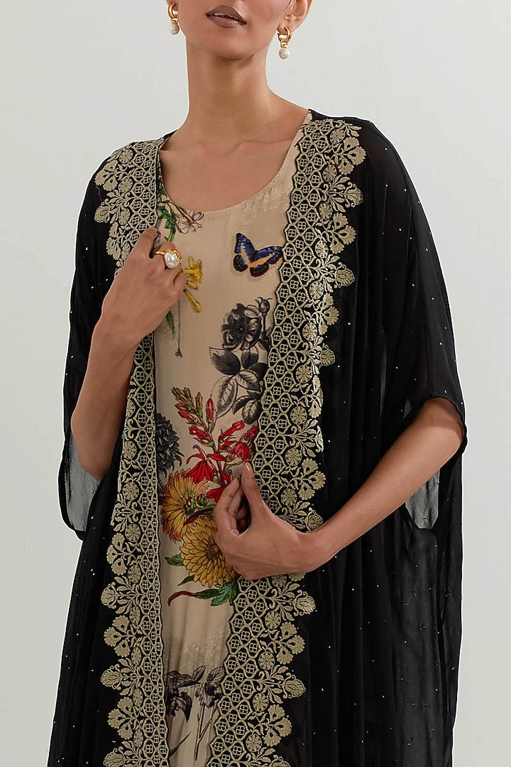 Multi-Colored Mukaish Georgette Printed Tiered Cocktail Dress With Cape by Kavita Bhartia at Pernia's Pop Up Shop