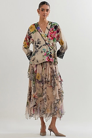 Multi-Colored Chiffon Printed Skirt Set by Kavita Bhartia