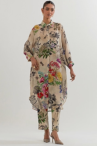Multi-Colored Modal Silk Printed & Embroidered Long Tunic Set by Kavita Bhartia