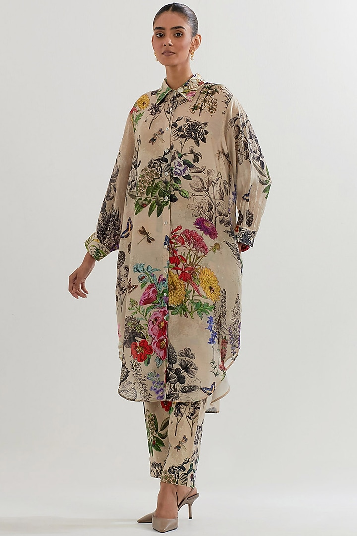 Multi-Colored Modal Silk Printed & Embroidered Long Tunic Set by Kavita Bhartia at Pernia's Pop Up Shop