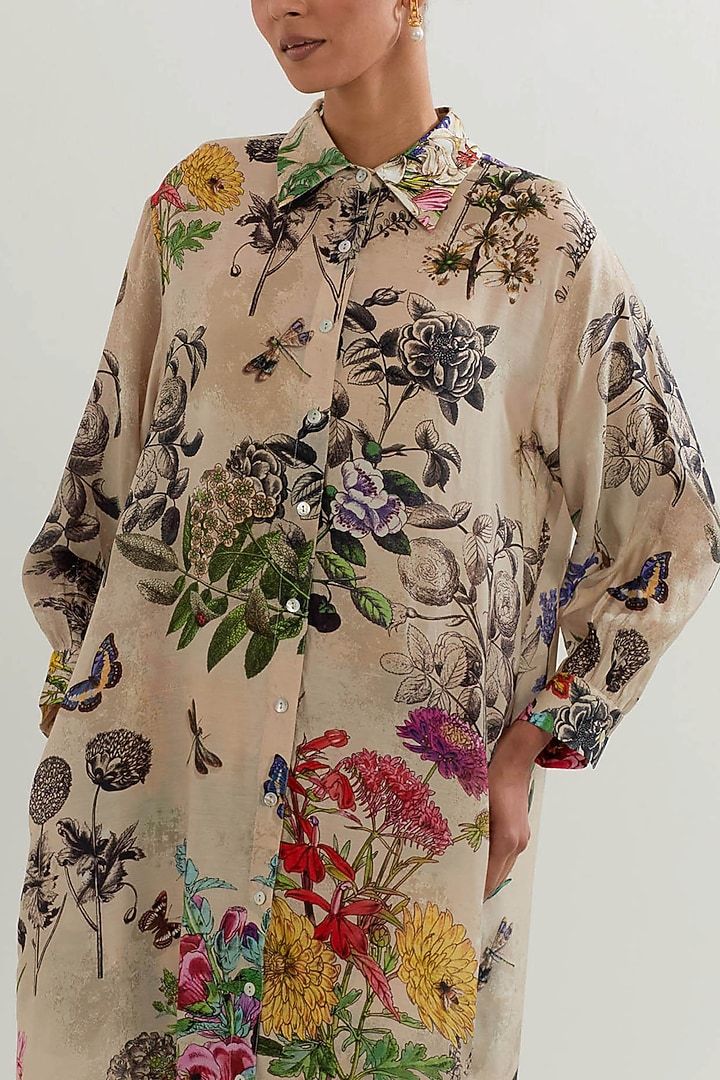 Multi-Colored Modal Silk Printed & Embroidered Long Tunic Set by Kavita Bhartia at Pernia's Pop Up Shop