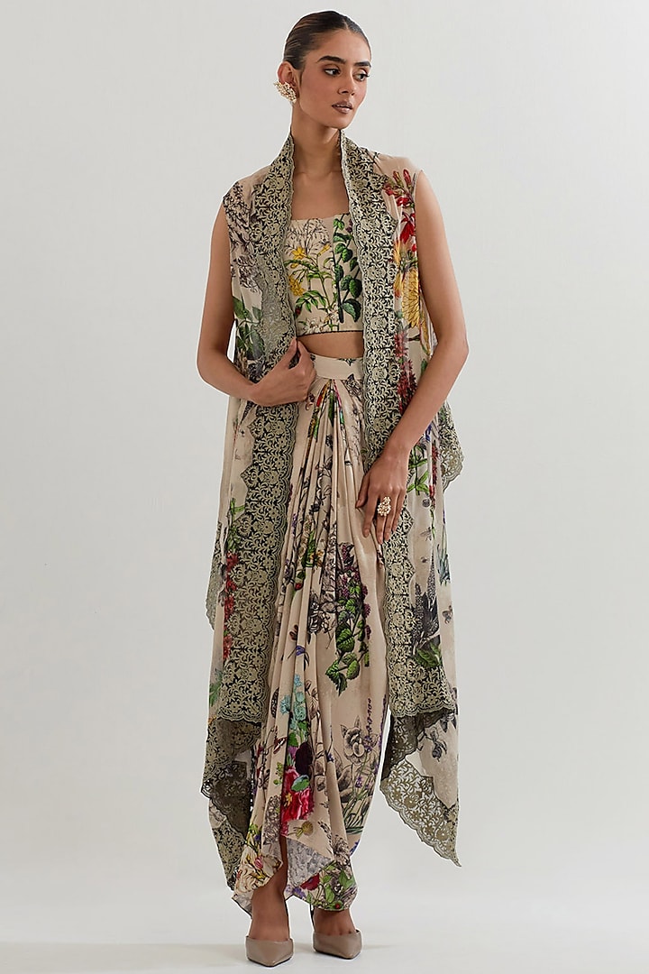 Multi-Colored Georgette Printed Draped Skirt Set by Kavita Bhartia at Pernia's Pop Up Shop