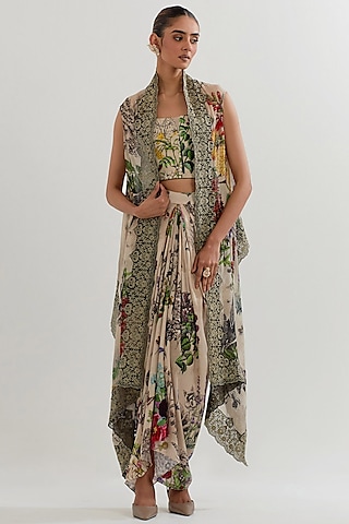 Multi-Colored Georgette Printed Draped Skirt Set by Kavita Bhartia