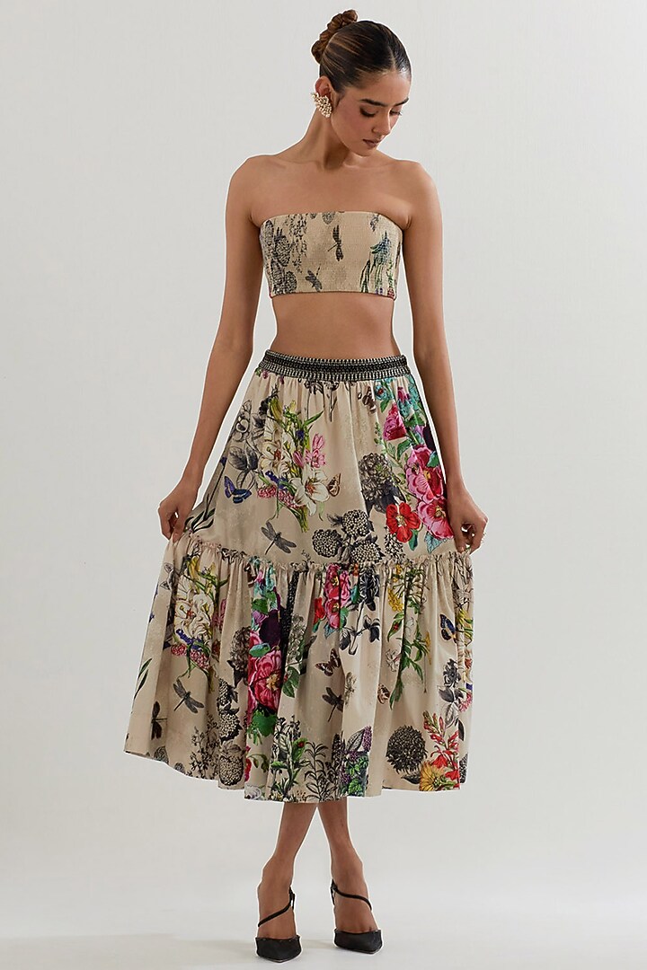 Multi-Colored Cotton Lycra Printed Tiered Skirt Set by Kavita Bhartia at Pernia's Pop Up Shop