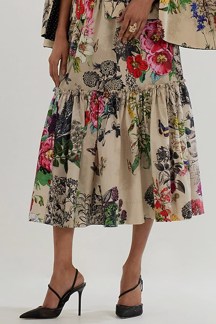 Multi-Colored Cotton Lycra Printed Tiered Skirt Set by Kavita Bhartia at Pernia's Pop Up Shop