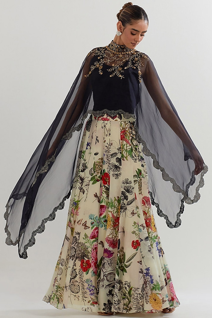 Multi-Colored Mesh & Crepe Printed Wedding Sharara Set by Kavita Bhartia at Pernia's Pop Up Shop