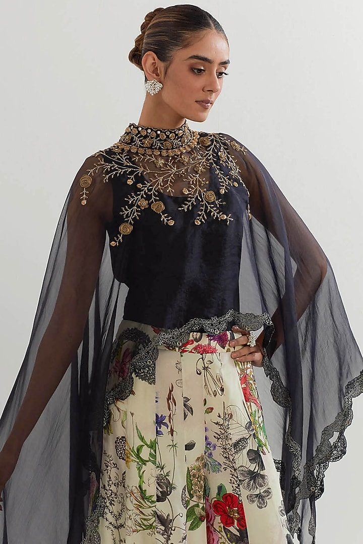 Multi-Colored Mesh & Crepe Printed Wedding Sharara Set by Kavita Bhartia at Pernia's Pop Up Shop