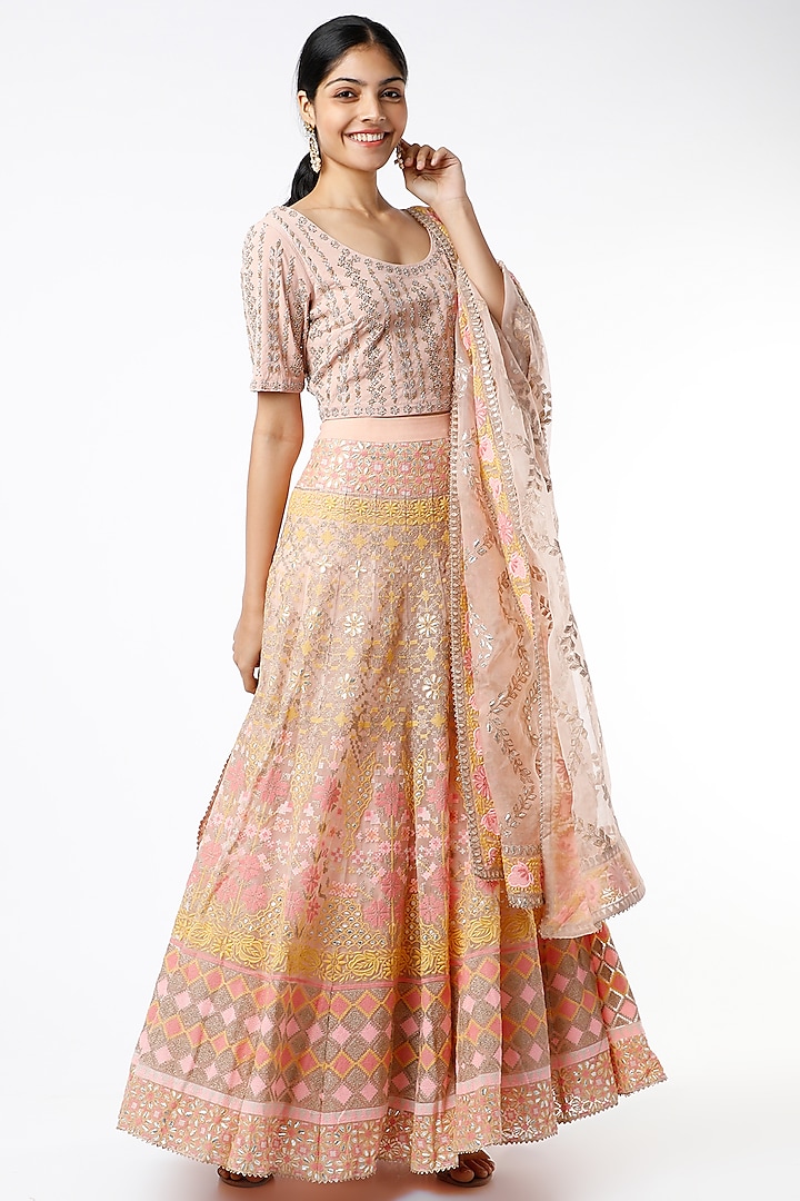 Peach Hand Embroidered Lehenga Set by Kavita Bhartia