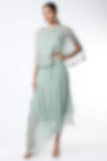 Mint Draped Dress With Embroidered Cape by Kavita Bhartia