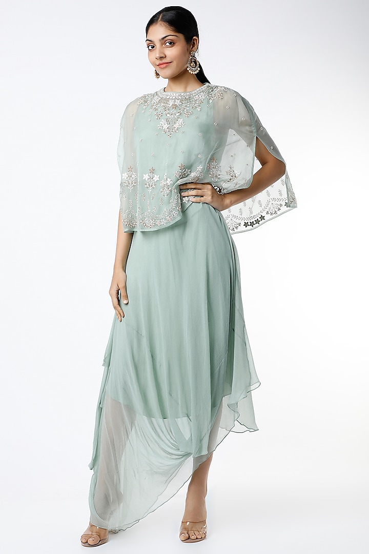 Mint Draped Dress With Embroidered Cape by Kavita Bhartia