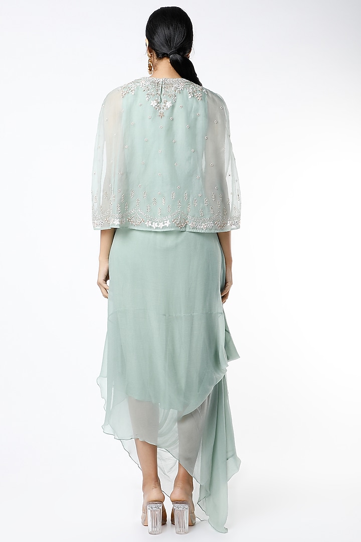 Mint Draped Cocktail Dress With Embroidered Cape by Kavita Bhartia at Pernia's Pop Up Shop