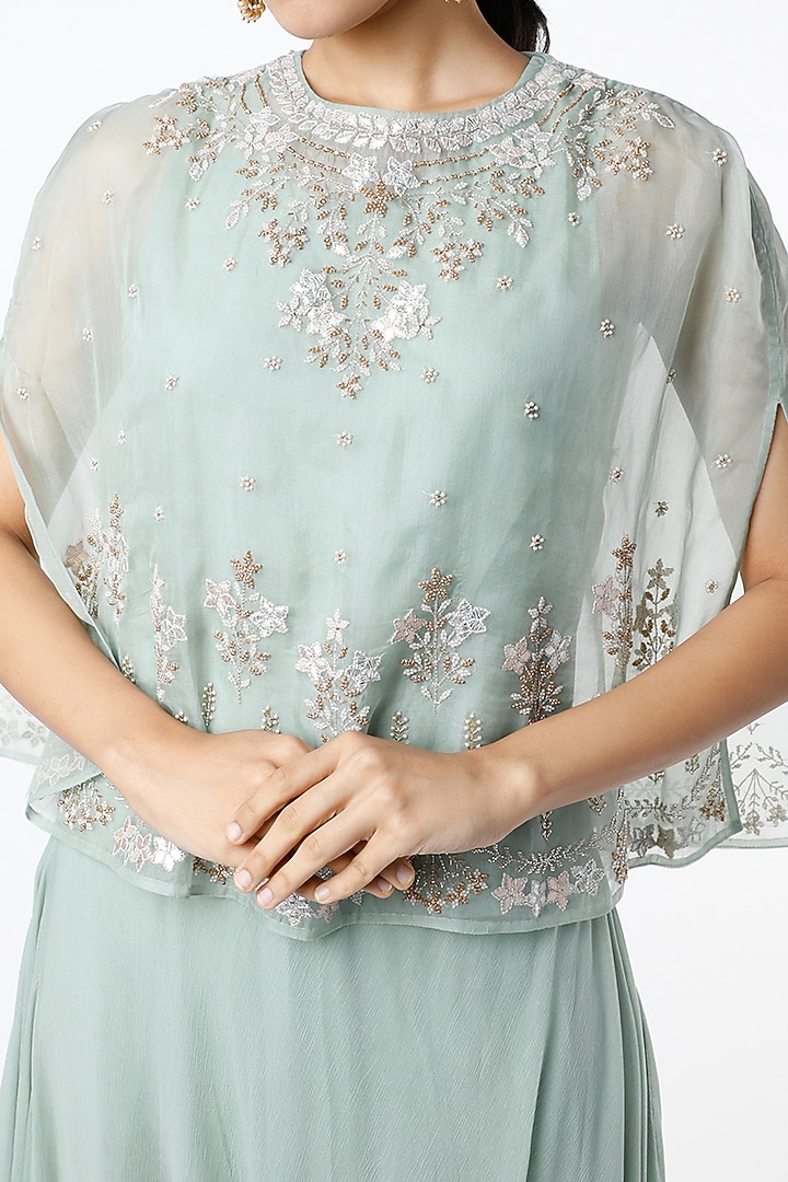 Mint Draped Cocktail Dress With Embroidered Cape by Kavita Bhartia at Pernia's Pop Up Shop