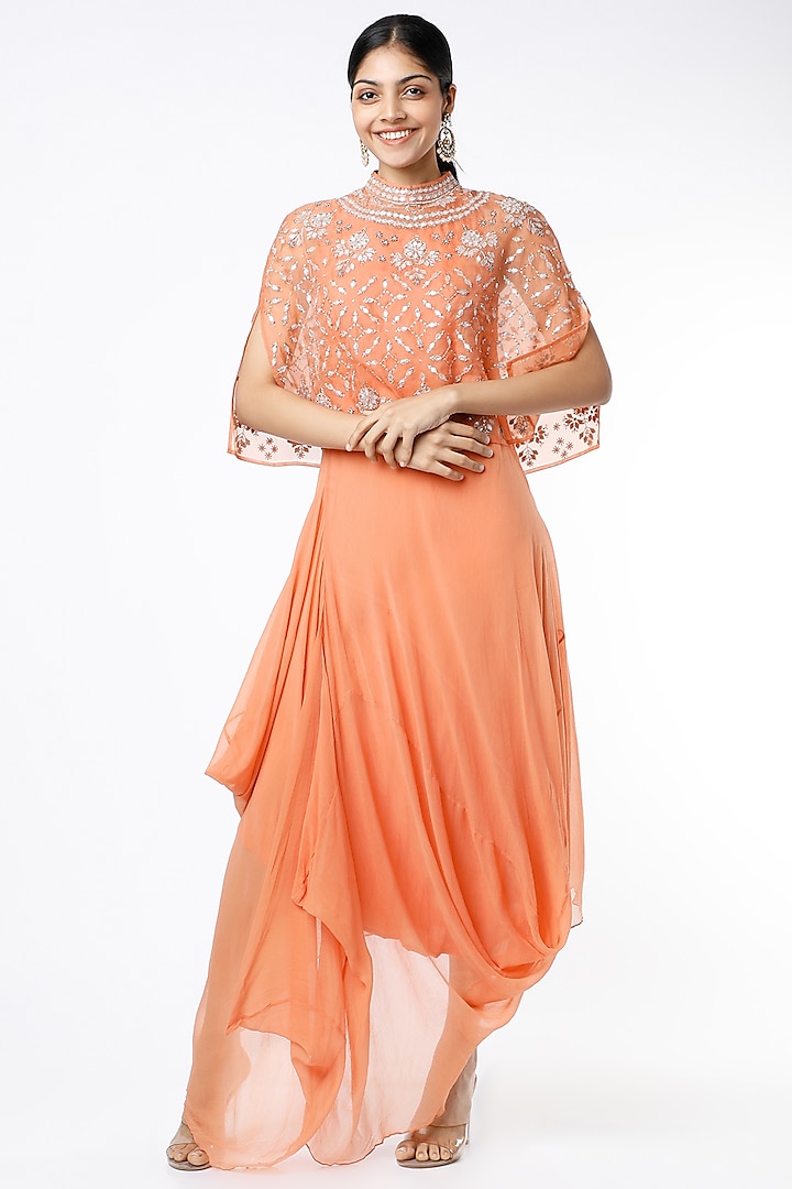 Coral Draped Dress With Cape by Kavita Bhartia