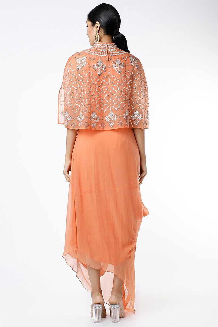 Coral Draped Cocktail Dress With Cape by Kavita Bhartia at Pernia's Pop Up Shop