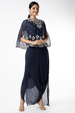 Navy Blue Draped Dress With Cape by Kavita Bhartia