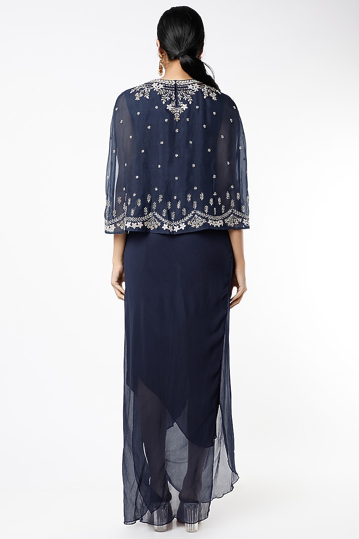 Navy Blue Draped Cocktail Dress With Cape by Kavita Bhartia at Pernia's Pop Up Shop