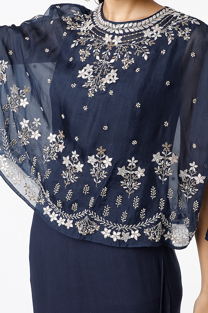Navy Blue Draped Cocktail Dress With Cape by Kavita Bhartia at Pernia's Pop Up Shop