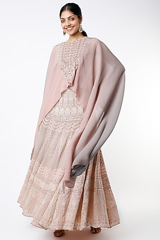 Blush Pink Georgette Chikankari Embroidered Skirt Set by Kavita Bhartia