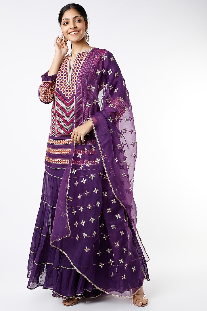 Purple Tiered Sharara Set With Embroidered Dupatta by Kavita Bhartia