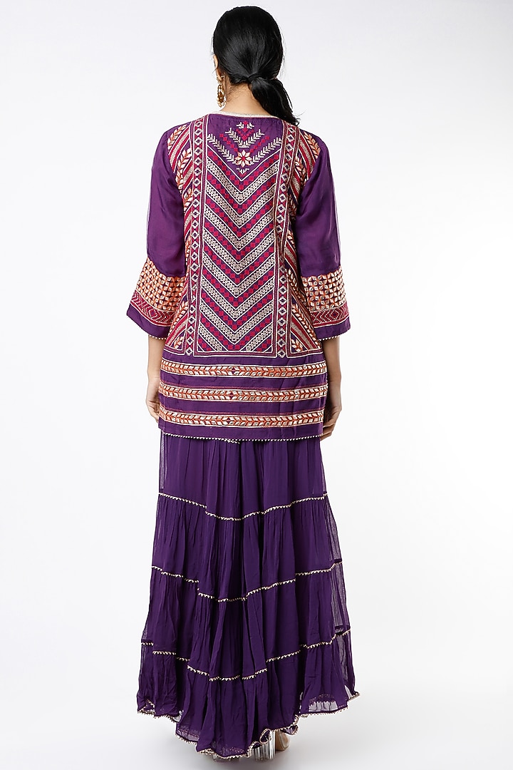 Purple Tiered Wedding Sharara Set With Embroidered Dupatta by Kavita Bhartia at Pernia's Pop Up Shop