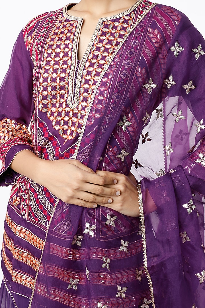 Purple Tiered Wedding Sharara Set With Embroidered Dupatta by Kavita Bhartia at Pernia's Pop Up Shop