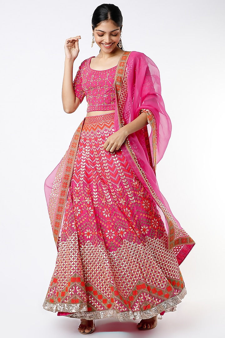 Hot Pink Embroidered Skirt Set by Kavita Bhartia