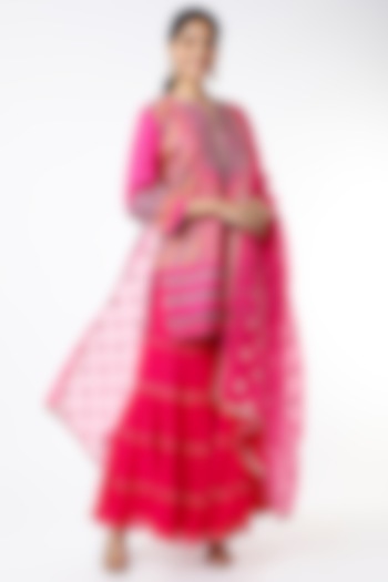 Hot Pink Tiered Sharara Set With Embroidered Dupatta by Kavita Bhartia