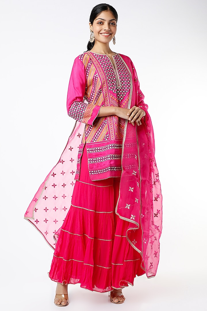 Hot Pink Tiered Sharara Set With Embroidered Dupatta by Kavita Bhartia