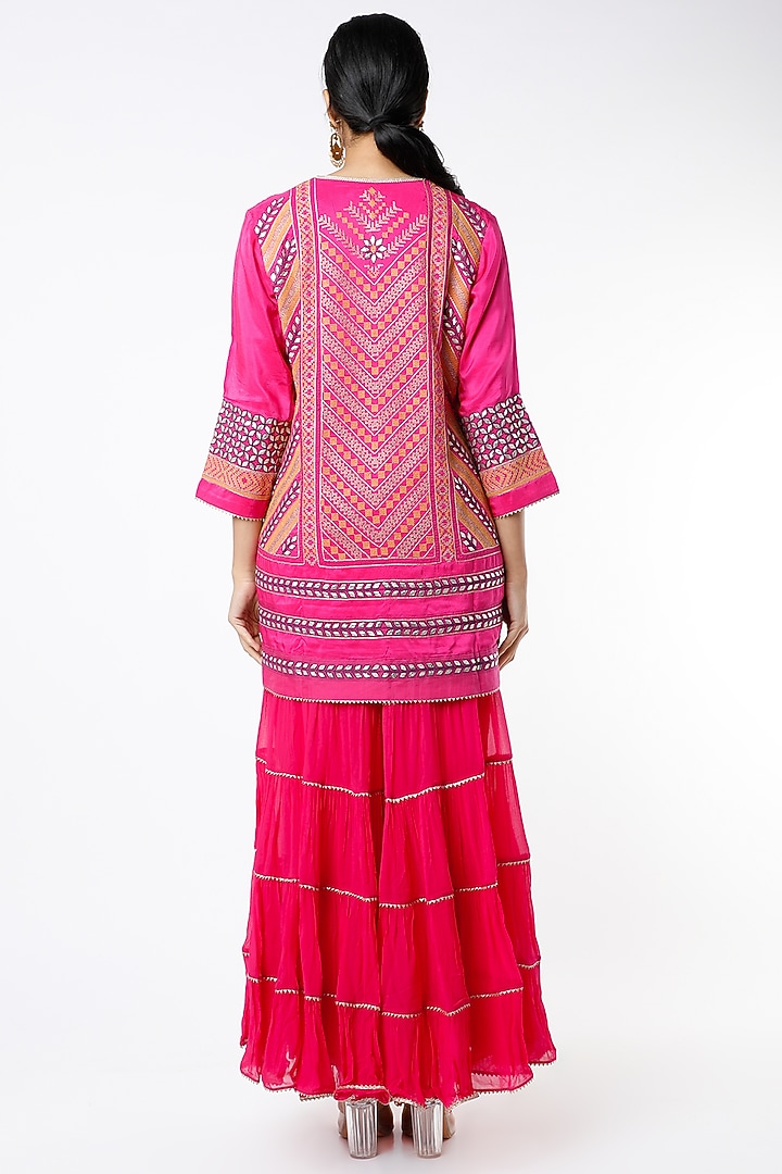 Hot Pink Tiered Wedding Sharara Set With Embroidered Dupatta by Kavita Bhartia at Pernia's Pop Up Shop