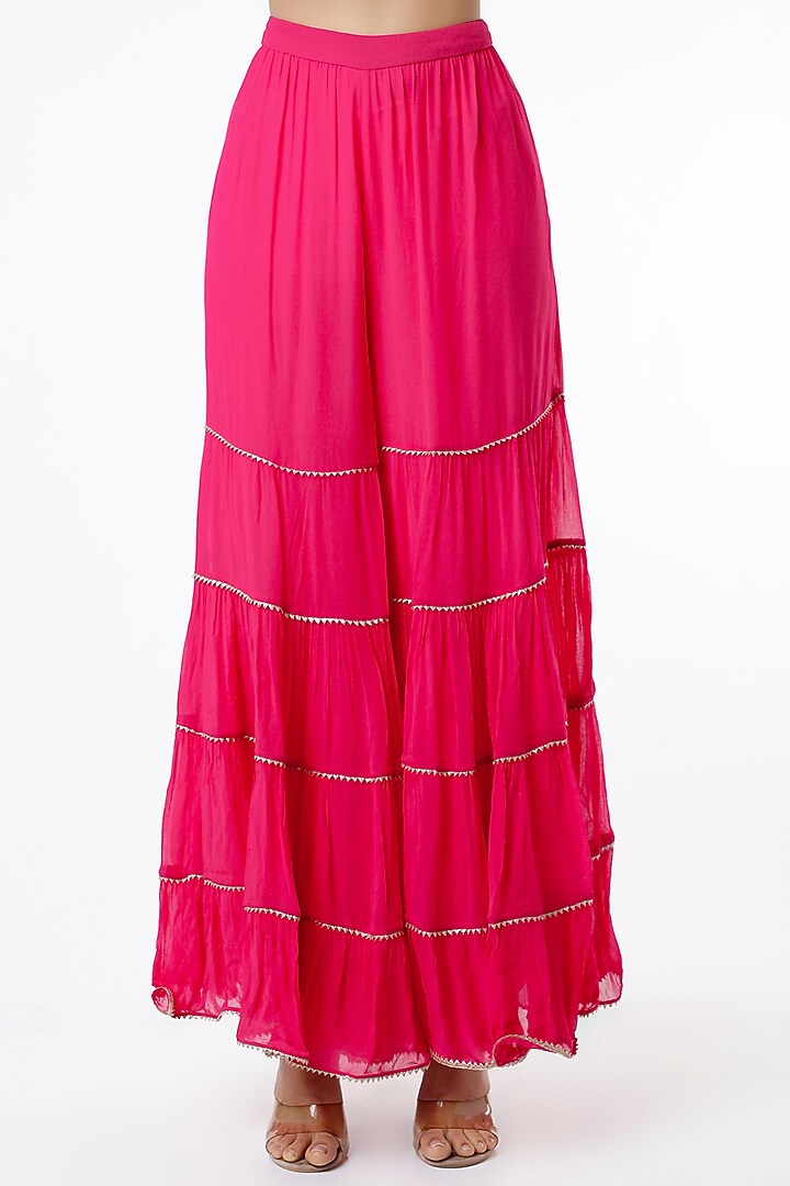 Hot Pink Tiered Wedding Sharara Set With Embroidered Dupatta by Kavita Bhartia at Pernia's Pop Up Shop