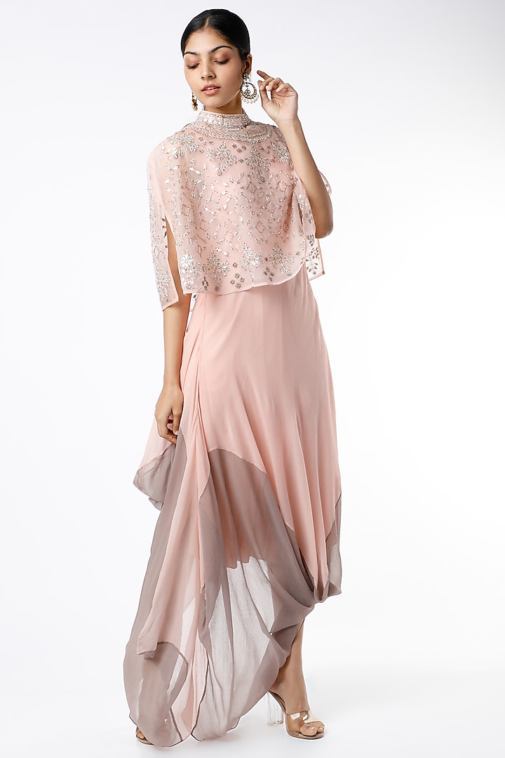 Pink Draped Dress With Cape by Kavita Bhartia
