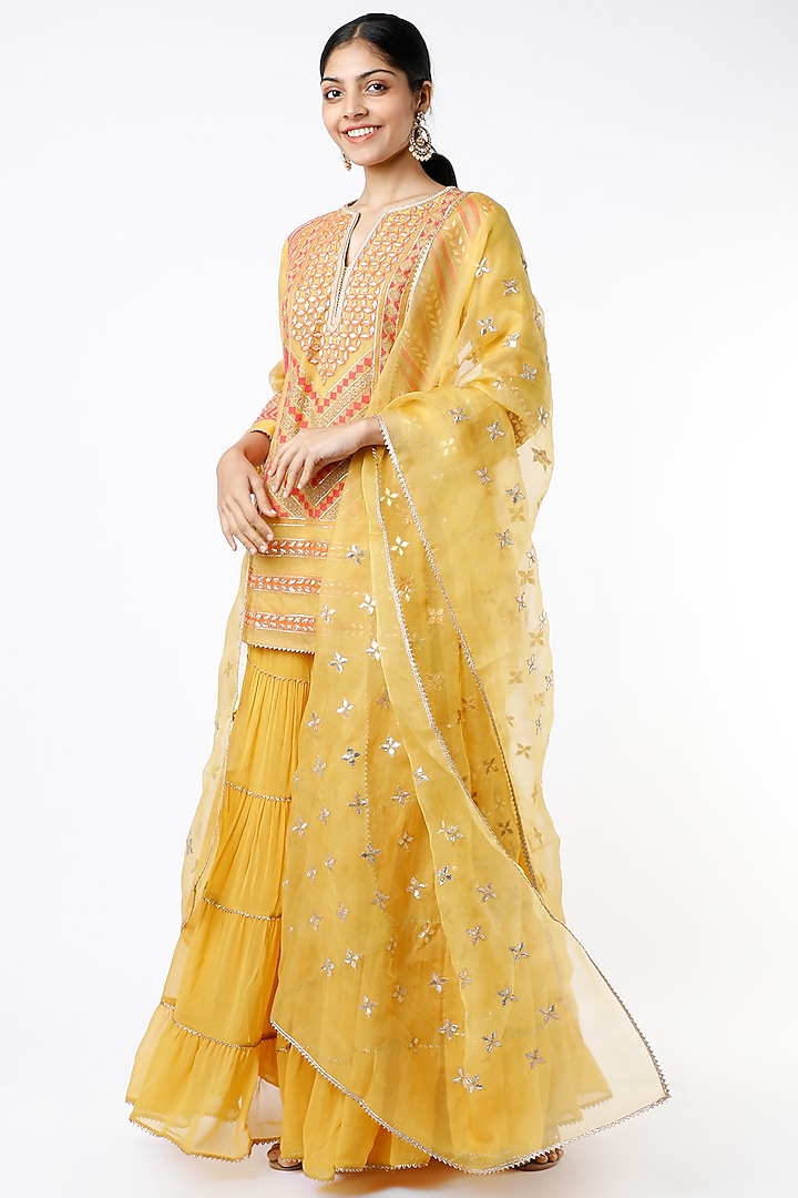 Yellow Tiered Sharara Set With Embroidered Dupatta by Kavita Bhartia