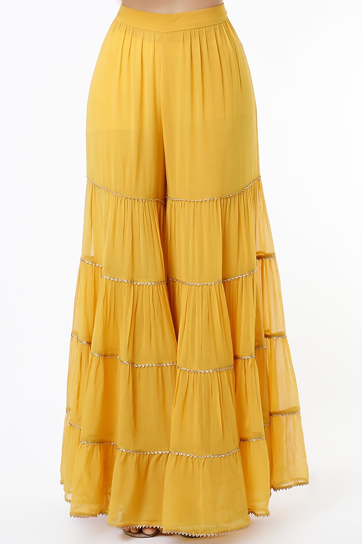 Yellow Tiered Wedding Sharara Set With Embroidered Dupatta by Kavita Bhartia at Pernia's Pop Up Shop