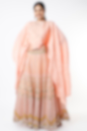 Peach Skirt Set With Embellished Cape by Kavita Bhartia