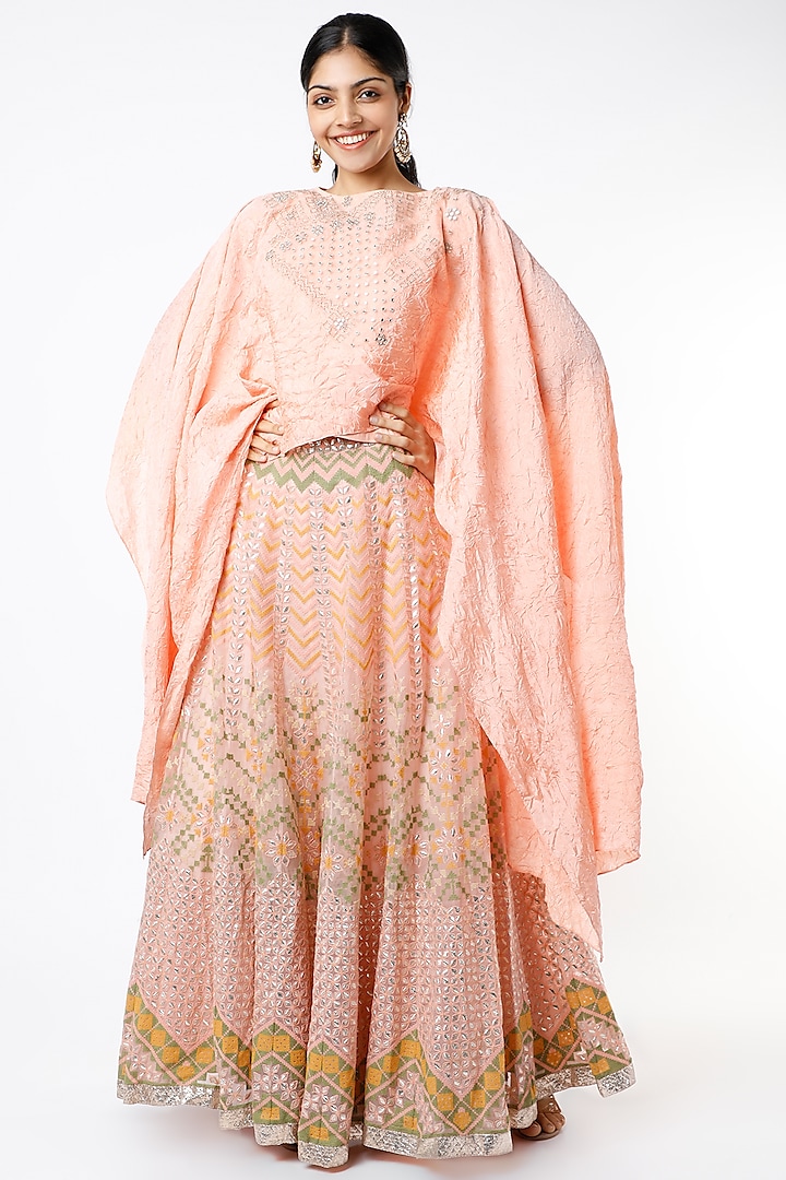Peach Skirt Set With Embellished Cape by Kavita Bhartia